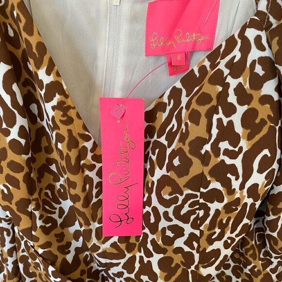 Lilly Pulitzer Lila Leopard Print Puff Sleeve Faux Wrap Ruffled Dress NWT Size 4 - Picture 6 of 9